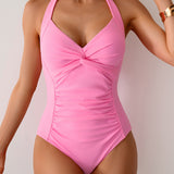 Maclair & Co. - Women's One Piece Swimsuit V Neck Halter Swimwear Twist Front Ruched Tummy Control Bathing Suit