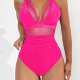 Maclair & Co. - Women Plus Size One Piece Swimsuit V Neck Mesh Sheer Tummy Control Bathing Suit