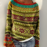 Sandra - Lime Green Vintage Sweater with Multicoloured Pattern