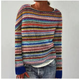 Opal - Vintage Sweater with Rainbow Bands and Navy Cuffs