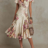Albas - Elegant Retro Floral Satin Midi Dress