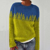 Angeline - Blue and Chartreuse Vintage Sweater with Fir Trees
