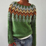 Matilda - Green Vintage Sweater with Orange Zigzag Yoke