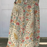 Women's Vintage Floral Art Printed Linen Pocket Skirt